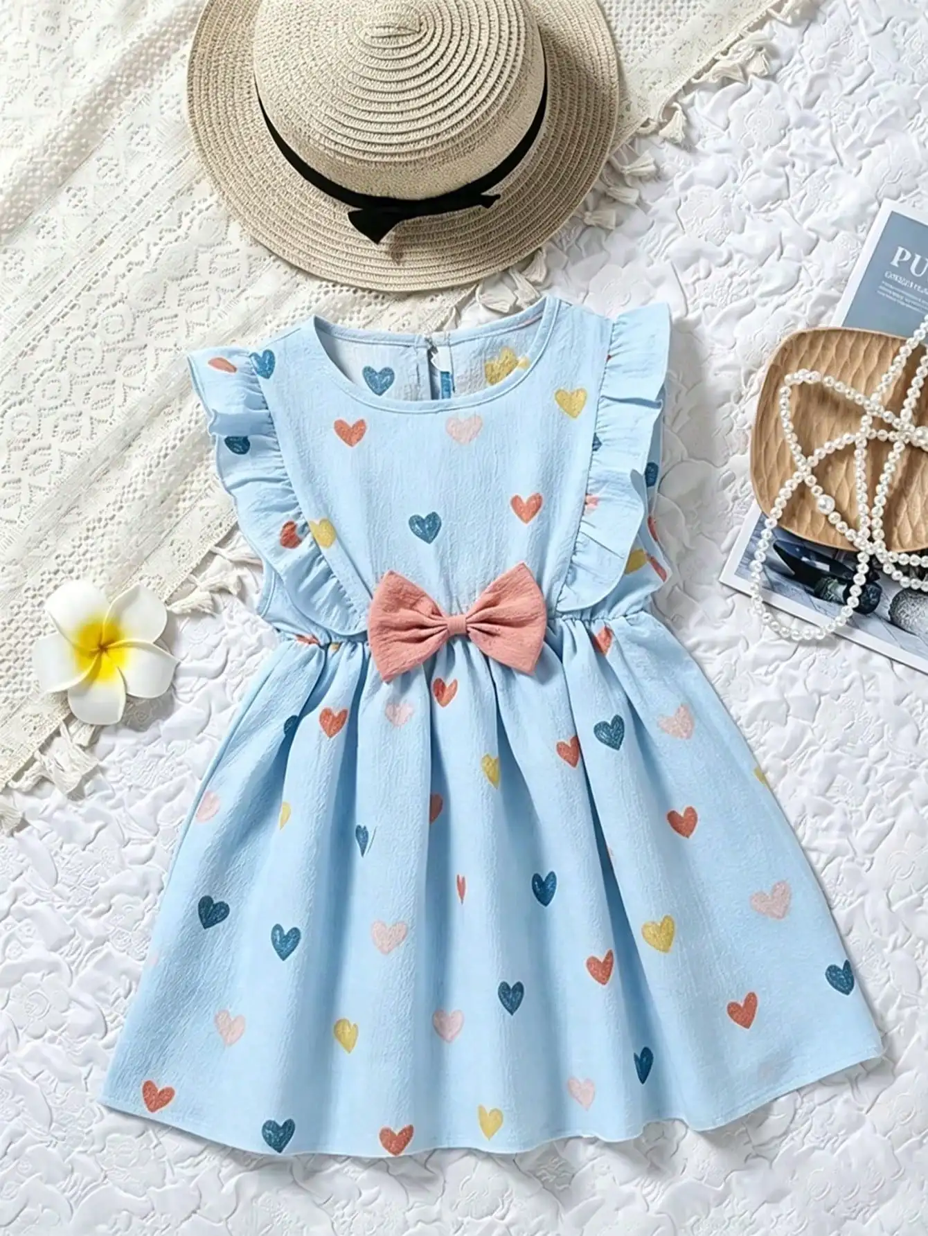 Kinderkleid mit Rüschen, Rundhalsausschnitt, Ärmellos, Herz-Print und Schmetterlingsschleife, Langes, Lockeres Kleid für Mädchen – Detail 3