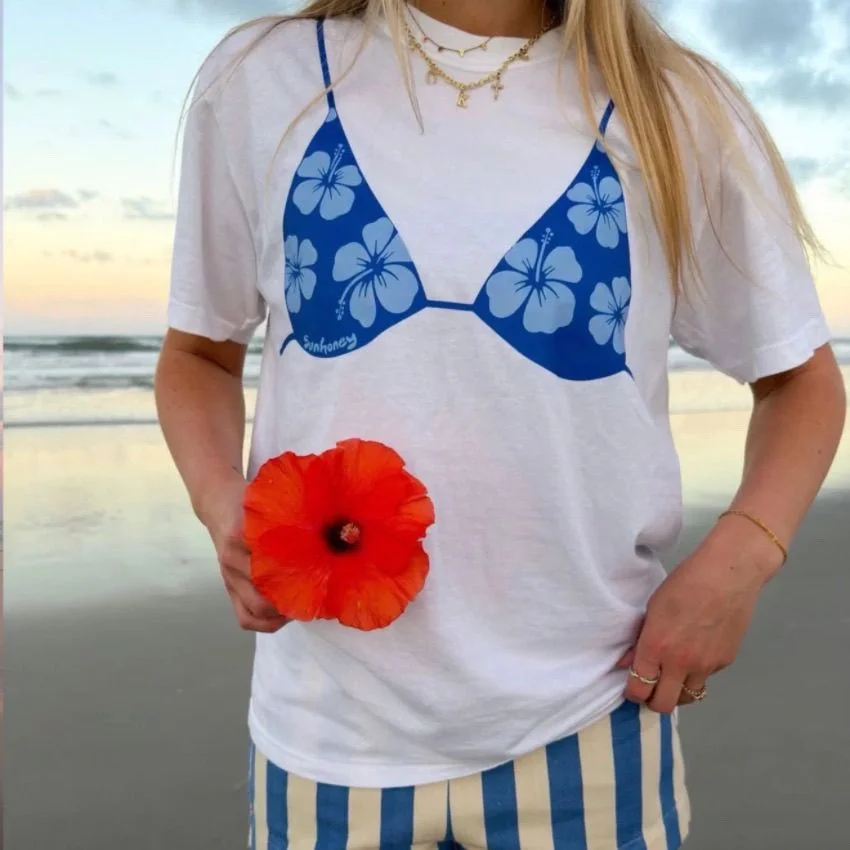 European and American Retro Summer Aesthetics Beach Bikini Bra Print Spicy Girl Y2K Street 100% Pure Cotton Women's T-shirt