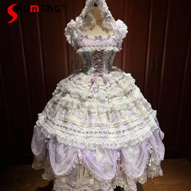 

Original Purple Split Top and Skirt Set with Tail Hairband Women's Japanese Sweet Suits Female Princess Birthday Party Outfits