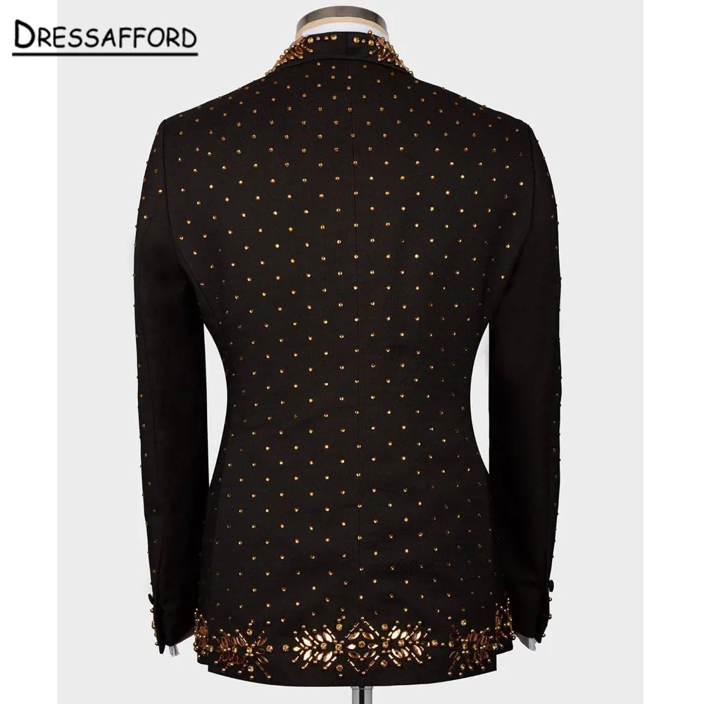 Set di abiti da uomo in tinta unita nero con perline dorate in cristallo, abiti da sposo per banchetti nuziali, pantaloni classici da giacca maschile 2 pezzi