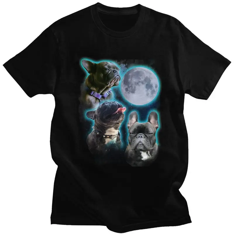 Custom Three Frenchies Moon Tshirts for Men Short Sleeve Leisure T Shirt Funny French Bulldog T-shirt 100% Cotton Tee Gift Idea