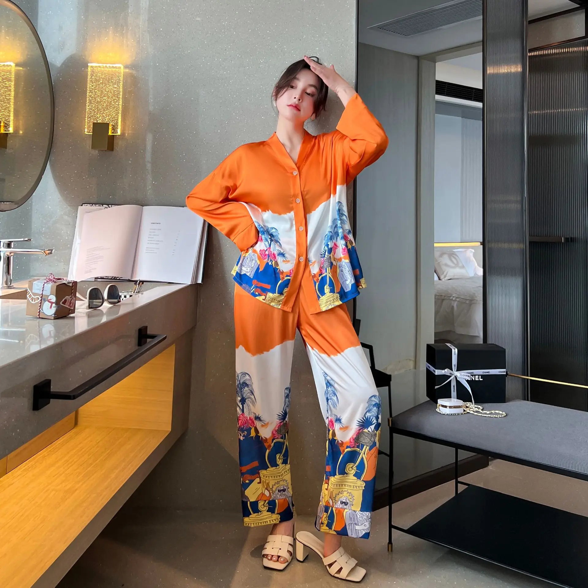 QSROCIO NEW Women\'s Pajamas Set Luxury Orange Coconut Print Sleepwear Silk Like Homewear V Neck Nightwear Leisure Loungewear