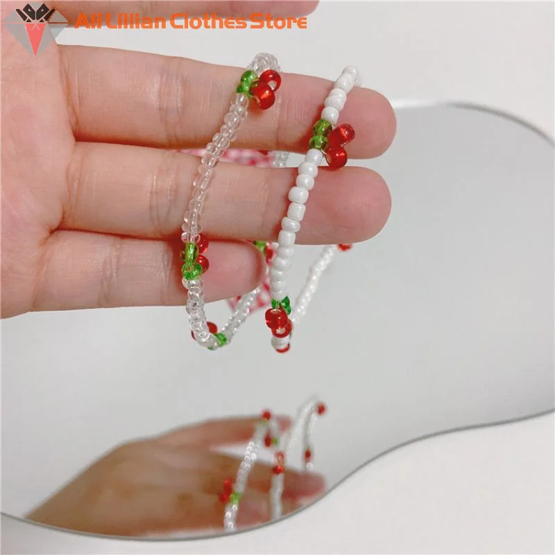 Summer Niche Fresh White Crystal Beaded Bracelet Hand-woven Stylish Simplicity Cherry Bracelet Jewelry Girls Party Gifts