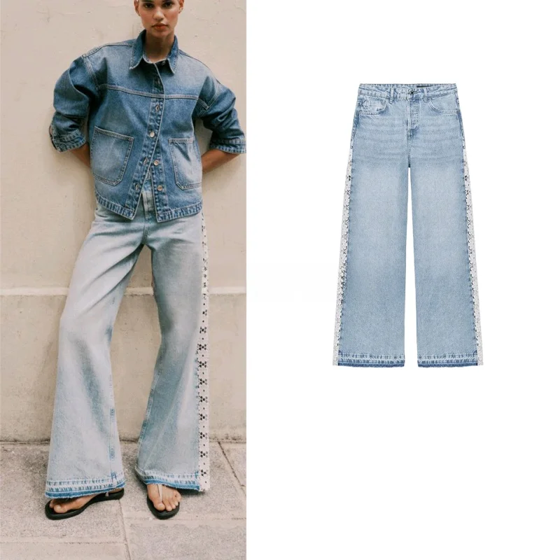 

Джинсы с высокой талией и широкими штанинами, женские джинсы с ковриком в полоску, украшенные крючками иглами, новые осенние модные женские джинсы