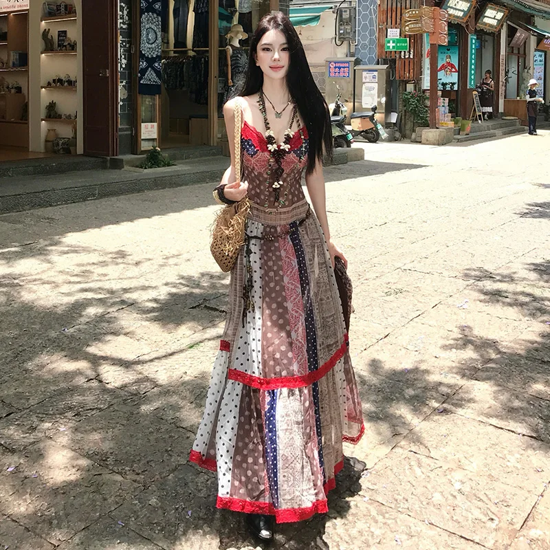 summer dress woman Retro Print Patchwork Strappy Maxi Dress for Women Summer New Design Unique Vacation Dresses
