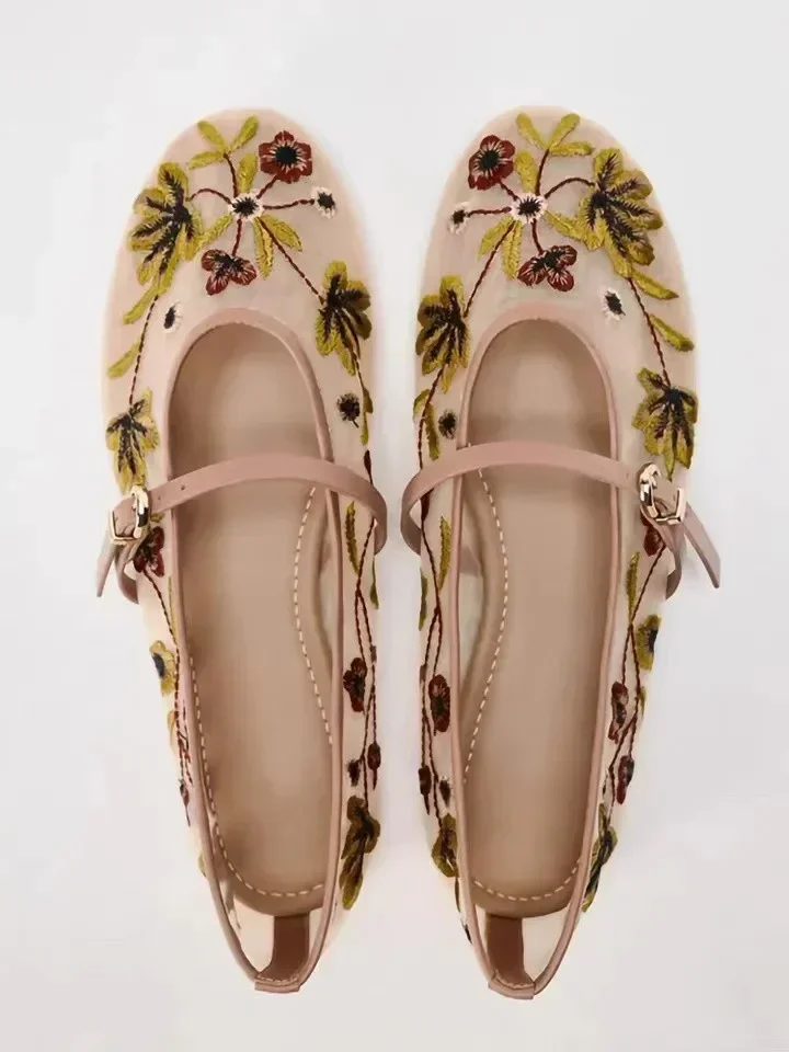 New Mesh Breathable Ballet Flats Women Luxury Designer Embroidered Flower Mary Jane Shoes Light Comfort Low Heeled Summer Flats image 3