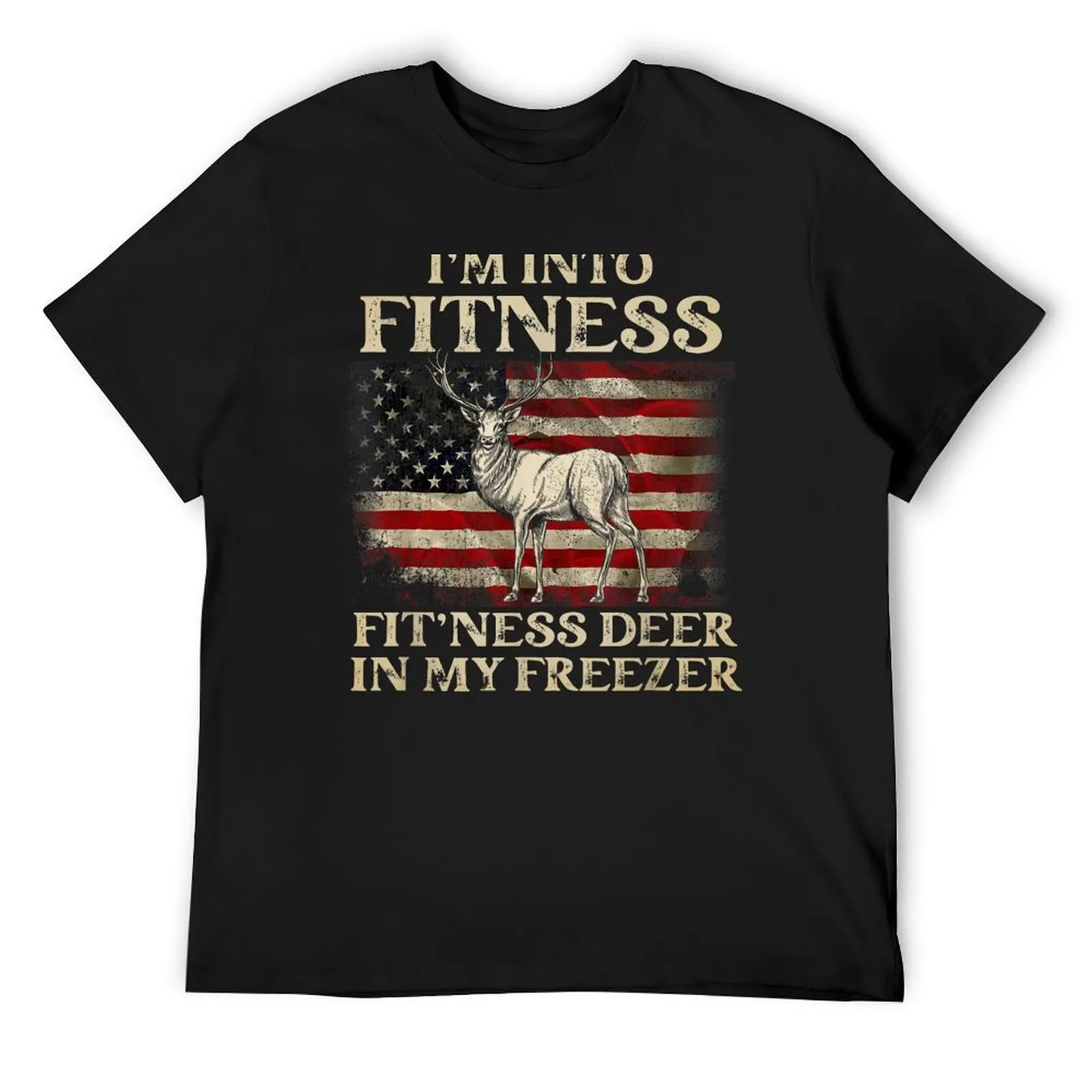 Vintage I'm Into Fitness Fit'ness Deer In My Freezer US Flag T-Shirt customizeds cotton graphic tees Men's t-shirt