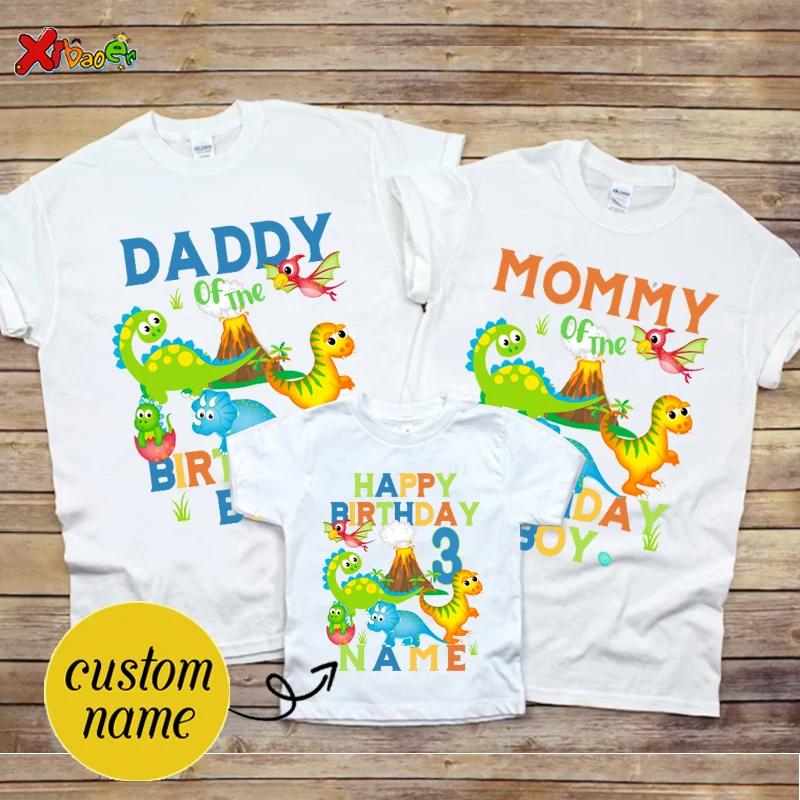 Dinossauro Aniversário Camisa Família Combinando Outfit, Nome Personalizado Boy Camisa, T-rex T-Shirt, Roupas de Festa, Baby Onesie Presente, 3T