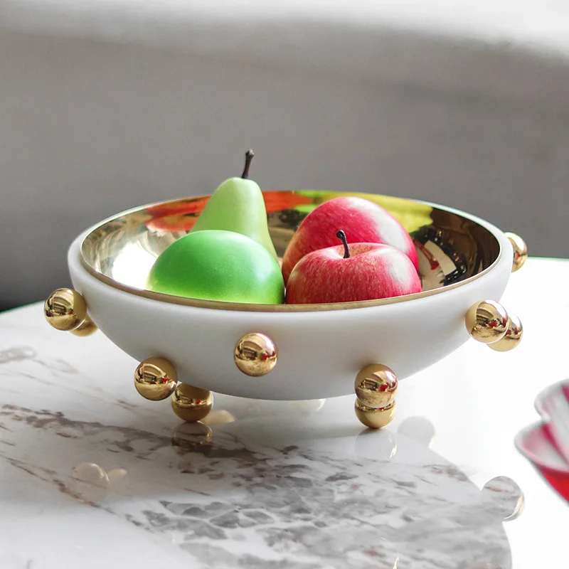 Golden Bead Fruit Bowl Geometric Sphere Abstract Tray Round Bowl Desktop Storage Container Home Decoration Accessories