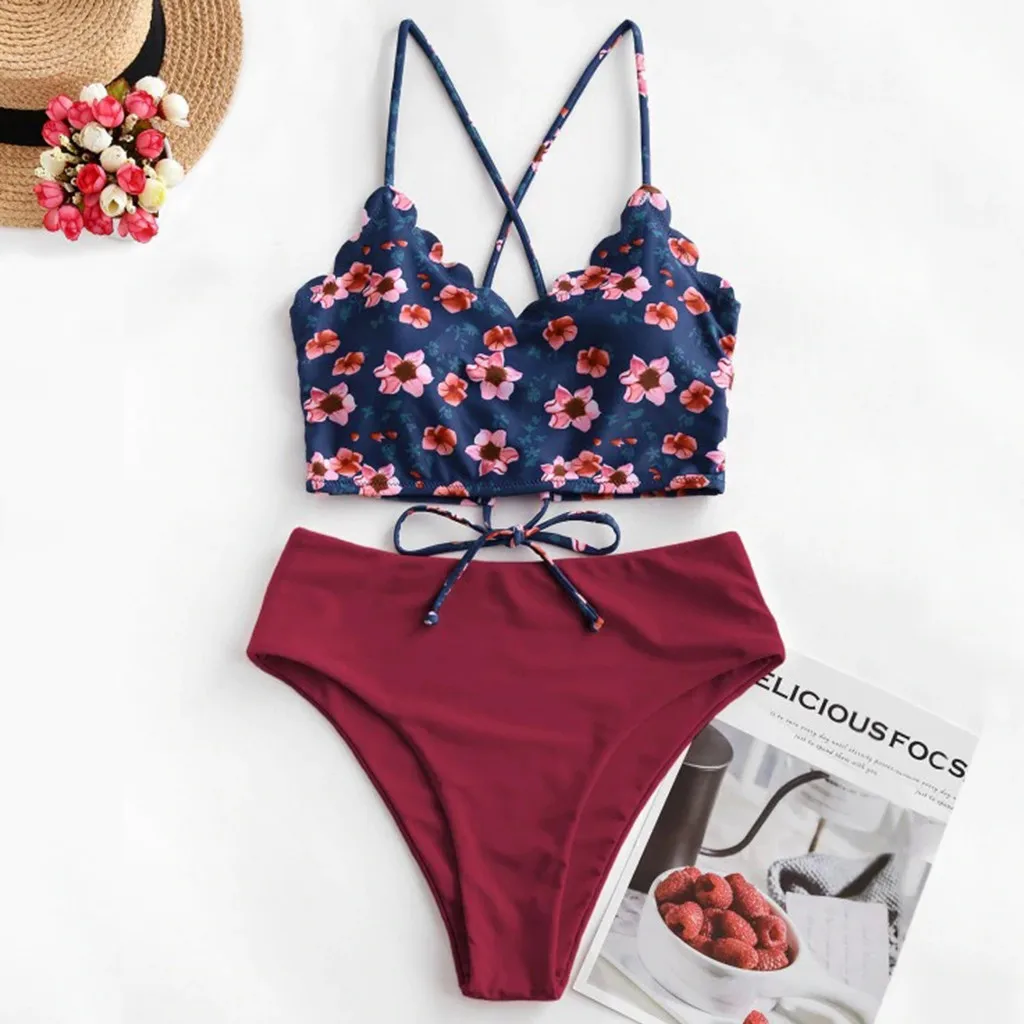 

Women Swimsuit Scalloped Beachwear Floral Sexy Swimwears Female Bathing Suit Biquinis Bikini Vacation Swimwear Tankinis