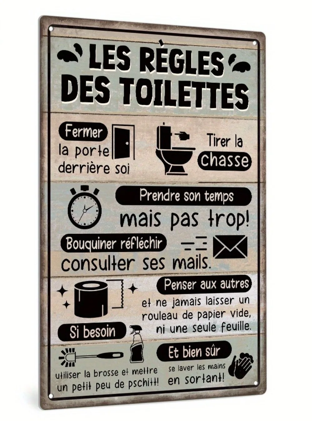 Putuo Decor 1 Stück Vintage französisches Metallschild | „Les R Youngles Des Toilettes“ Toilettenregeln | Wanddekoration für Badezimmer, Toilette