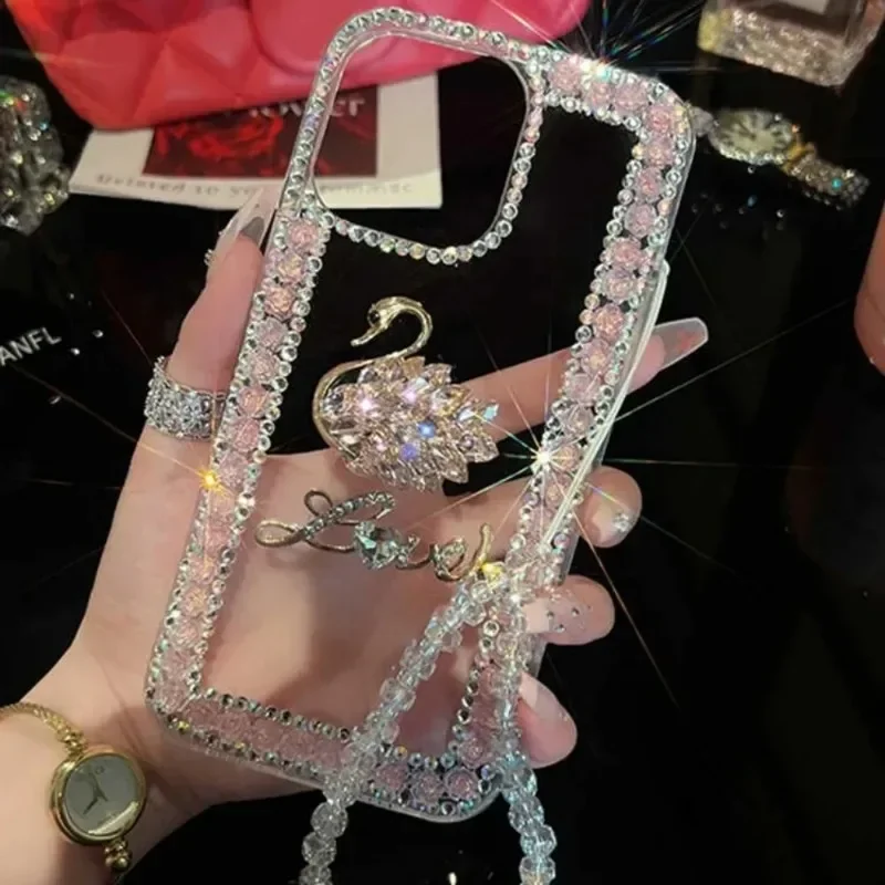 Crystal Swan Phone Case, 3D Bling, Rose, Glitter, Chain Strap Cover, for Huawei P50Pro, P40lite, Mate30, 40, for Honor 50, 60Pro