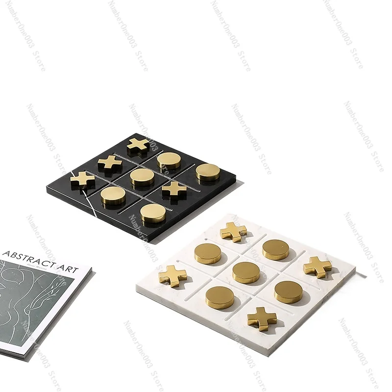 Gold Luxury Chessboard XO Decorative Marble Metal Chess Set Pieces Tic Tac Toe Game