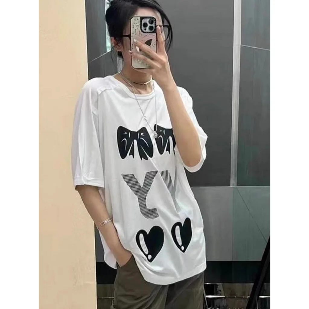 Moda arco padrão impressão 100% algodão branco camiseta y2k mulher novo verão solto conforto casual manga curta camiseta roupas femininas
