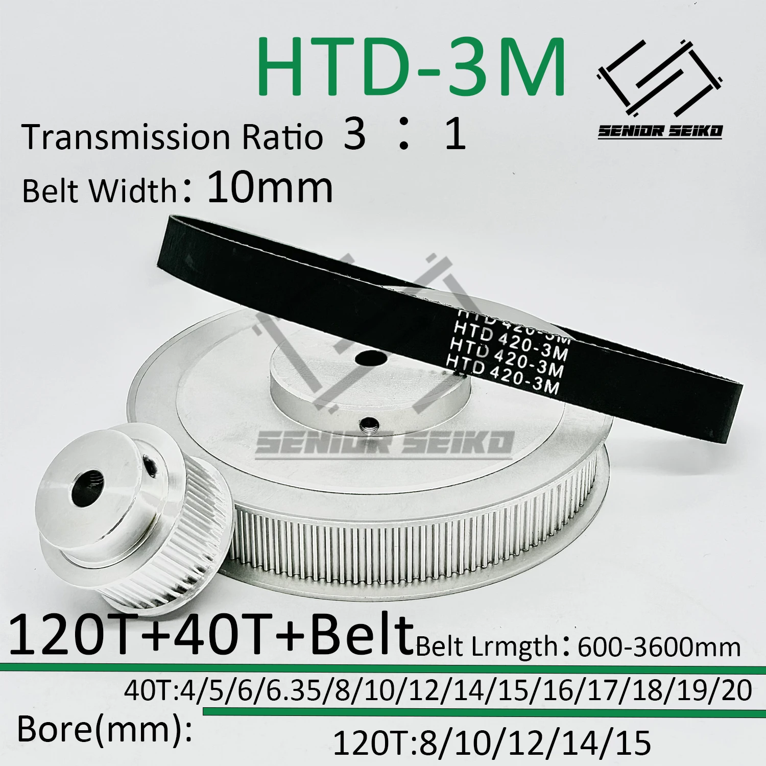 

HTD3M 120Teeth 40T Timing Pulley Belt Set Belt Width 10mm Bore 4~15mm Reduction 3:1 Deceleration 3M Pulley Kit Synchronous Wheel