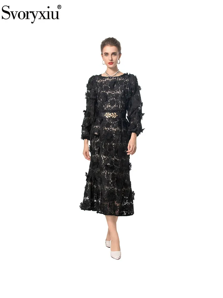 Svoryxiu Fashion Runway Autumn Black Elegant Midi Fishtail Dress Women's O-Neck Lantern Sleeve Embroidery Buttock Covering Dress