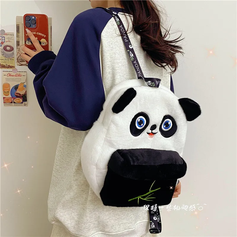 Women Cute panda plush backpack girl student school bag lady cartoon shoulder bag