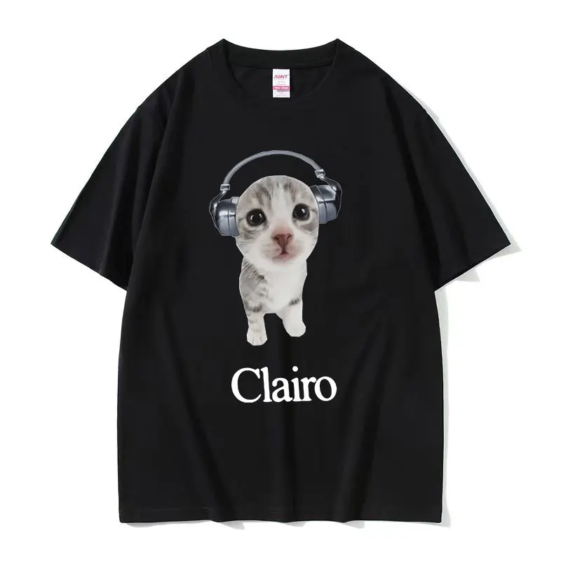 Clairo Cute Cat Listening To Music Funny Meme T Shirts Men Women Casual Fashion Short Sleeve T-shirt 100% Cotton Oversized Tees