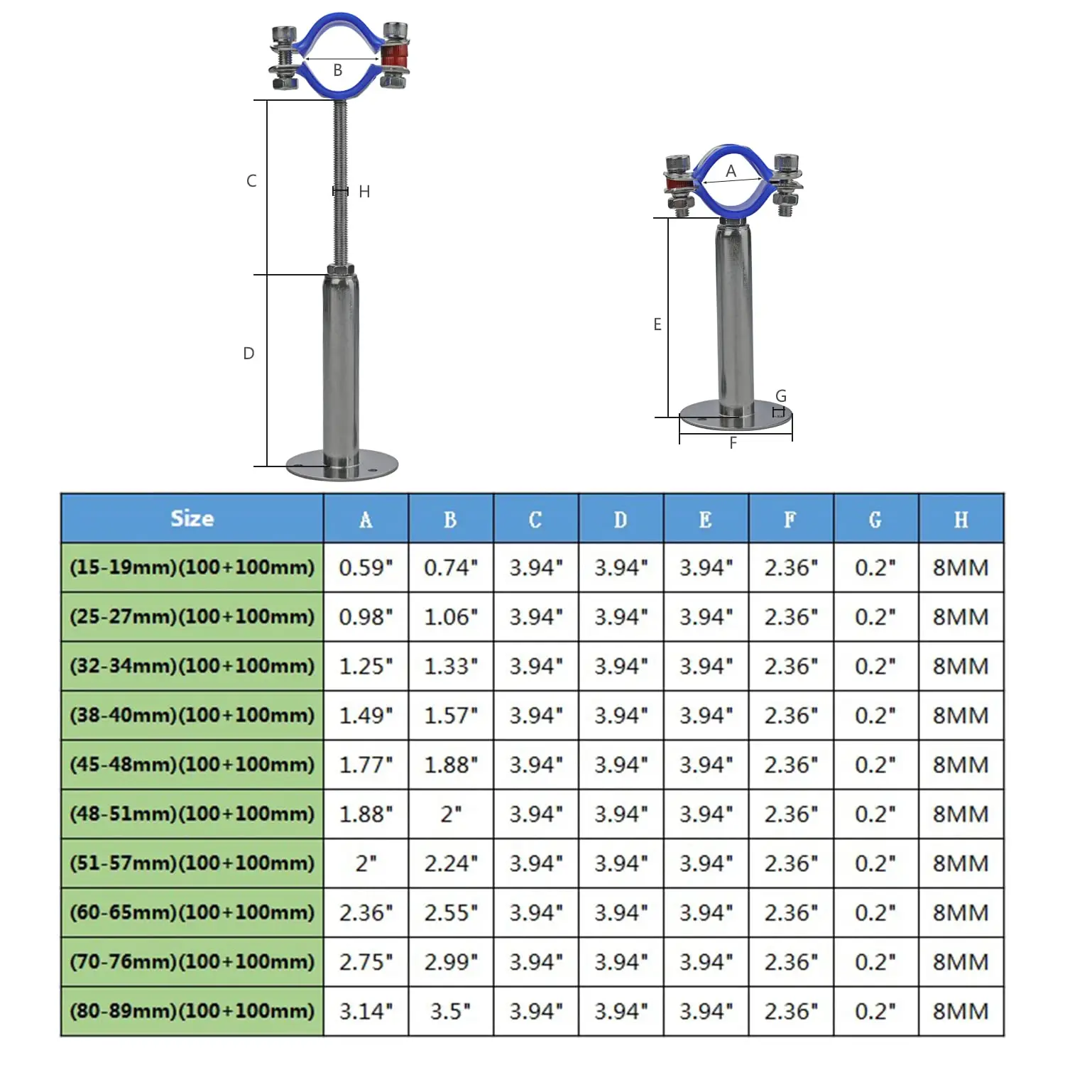 2pc Fit 15-108mm Pipe Holder 304 Stainless Steel Pipe Clamp Support Bracket With Base Plate 100-200mm Rod For Wall Ceiling Mount