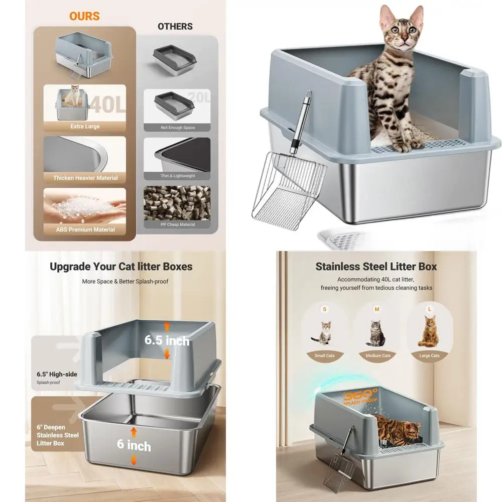 

Большой закрытый металлический лоток для кошек с высокими бортиками, крышкой, легкоочищаемым ковриком и набором для уборки, защита от протекания