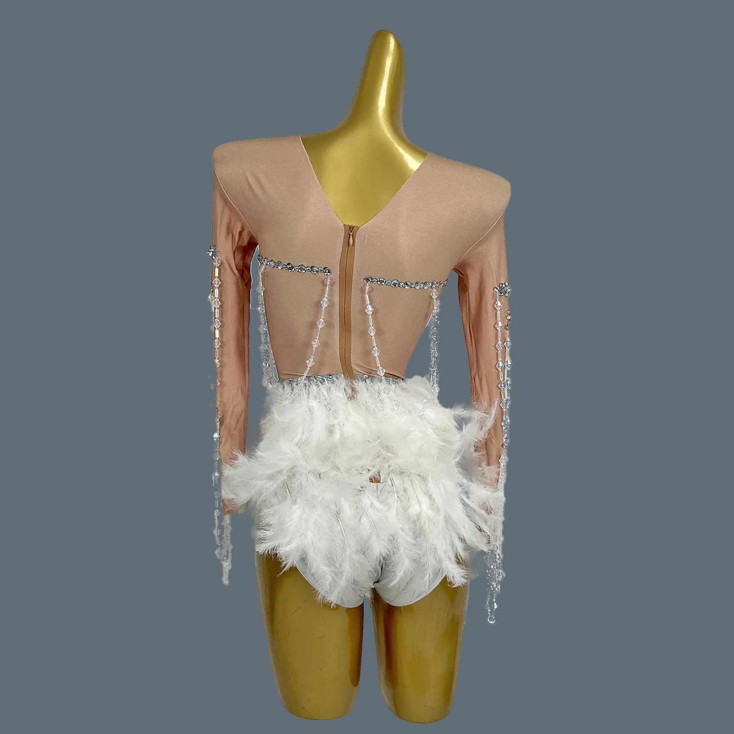 Sparkly Rhinestones Feathers Bodysuit Sexy Mini Dress Women Club Dancer Party Celebrate Performance Costume Stage Wear Maoshua