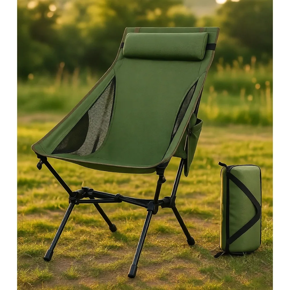 

High Back Portable Folding Camping Chair Supports 440 lbs with Detachable Pillow for Outdoor Travel