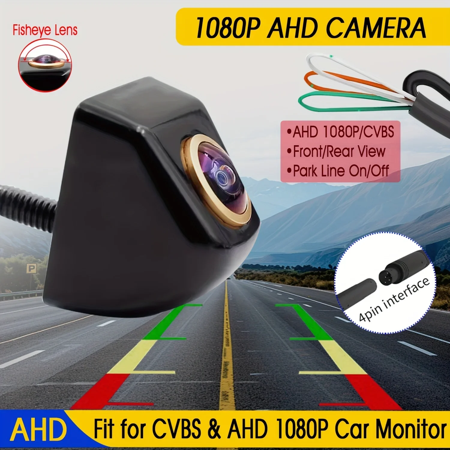 

1080P AHD Rear View Backup Camera Fisheye Lens 170° Wide Angle CVBS/AHD Switchable, Parking Guide Lines