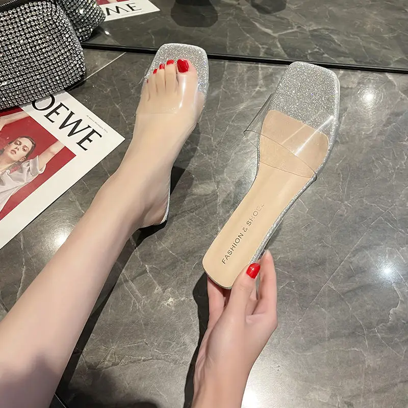 Transparent Sandals For Women Summer New Fashion Square Toe Crystal Low Heels Slippers Plus Size Beach Sandal Zapatillas Mujer