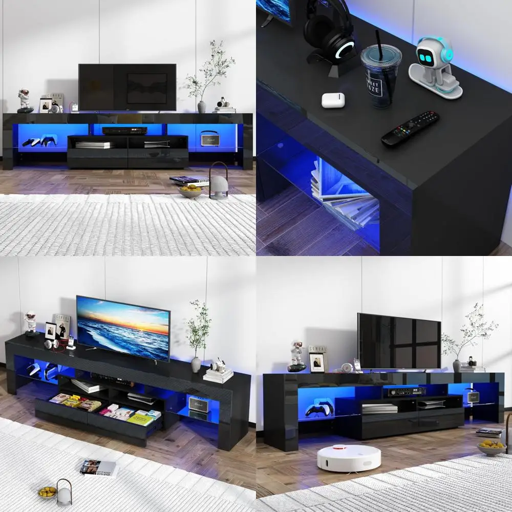 LED TV Stand for 90-100 Inch TVs - Modern High Gloss Entertainment Center with Drawer and LED Lights, Television Table