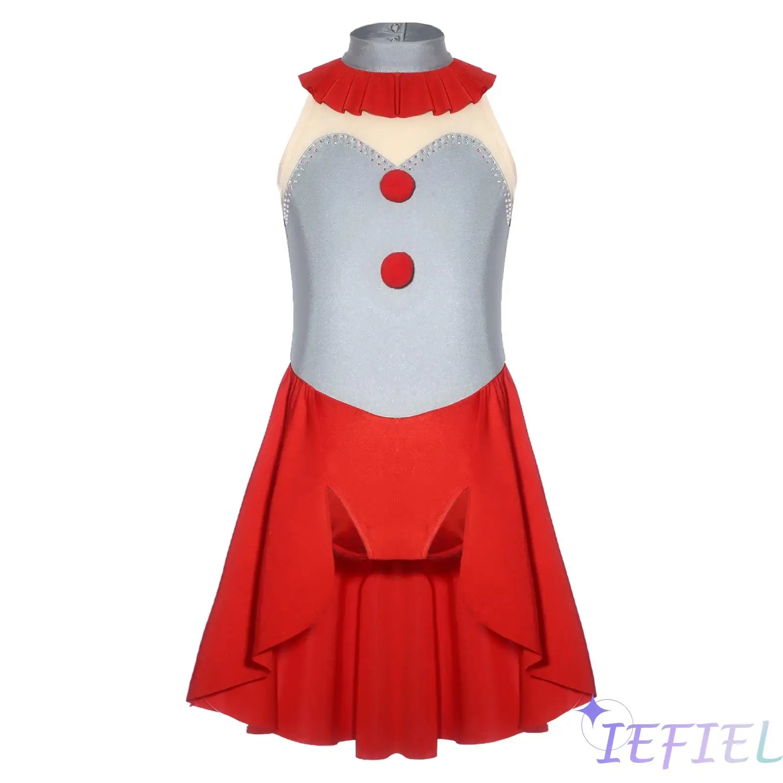 

Kids Clown Dance Dress Costume Ruffled Neckline Patchwork Sleeveless Rhinestones Pompom Overlay Ballet Dance Bodysuit Jumpsuit