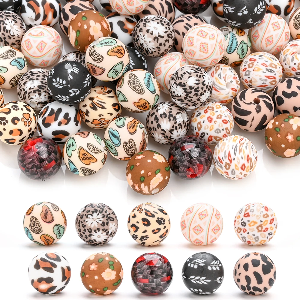 10Pcs Silicone Round Beads Patterned Printed Beads For Newborns/Baby Pacifier Chain Dummy Holder Chewing Beads, Toy BPA Free