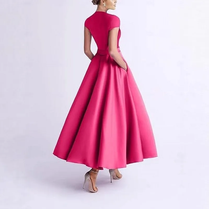Neue Ankunft Fuchsia Abend Formales Kleid V-ausschnitt 3D Blumen Flügelärmeln Satin Prom Pageant Party Kleider Robe De Soiree