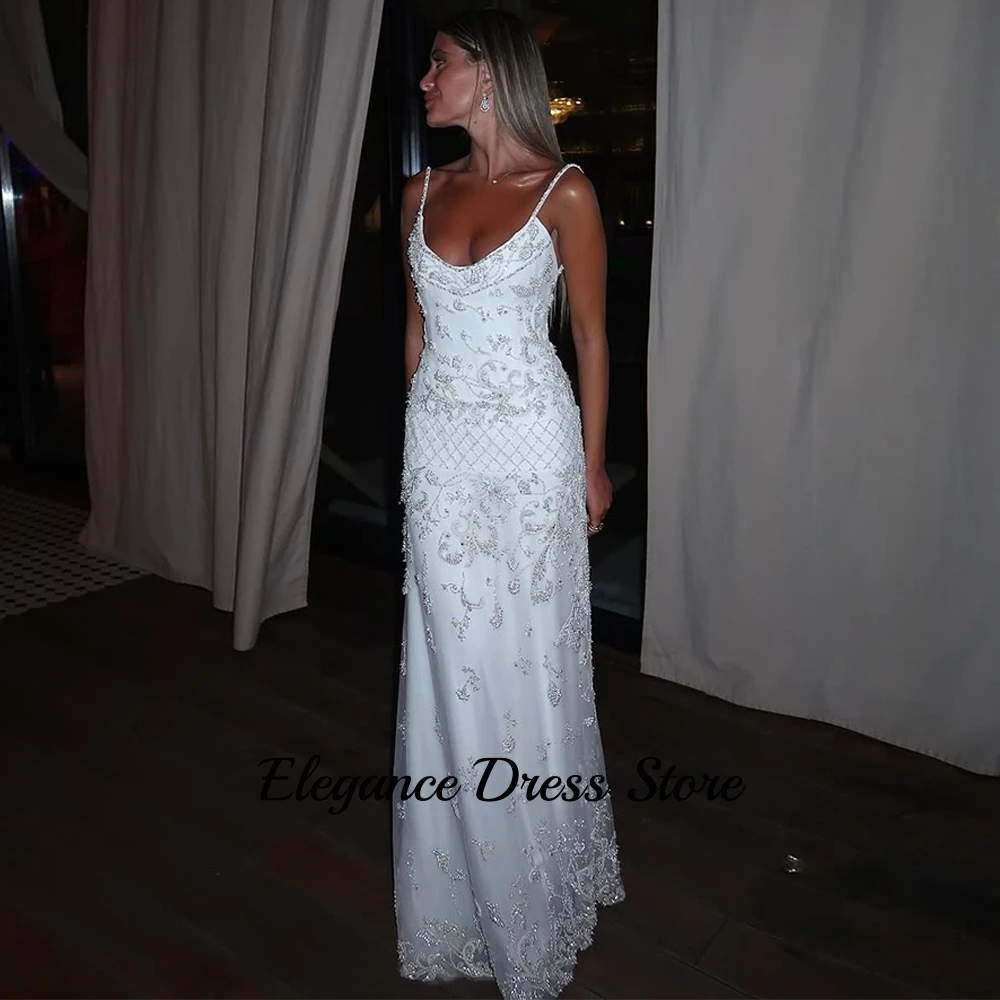 Biała Sukienka Wieczorowa z Koronką, Szyta na Miarę, Dekolt Okrągły, Cienkie Ramiączka, Sukienki na Powrót do Szkoły, Błyszczące Kryształowe Perły, Suknie na Przyjęcia