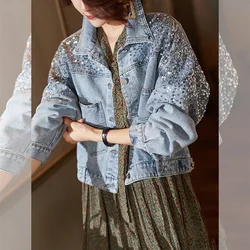 Sequin Denim Coat Women Cotton Spring Autumn Ropa Cardigan Jeans Punk Gothic Bomber Jacket Windbreaker Y2k Women Jackets Korean