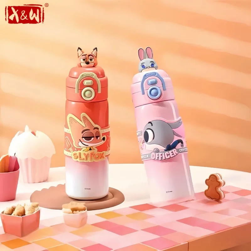 X&W Disney 500ML Thermos Bottle Keep Warm＆Cold Straw Cup with Pop-up Cute Doll Lid Leak-proof Outdoor Sports Fitnees Water Cups