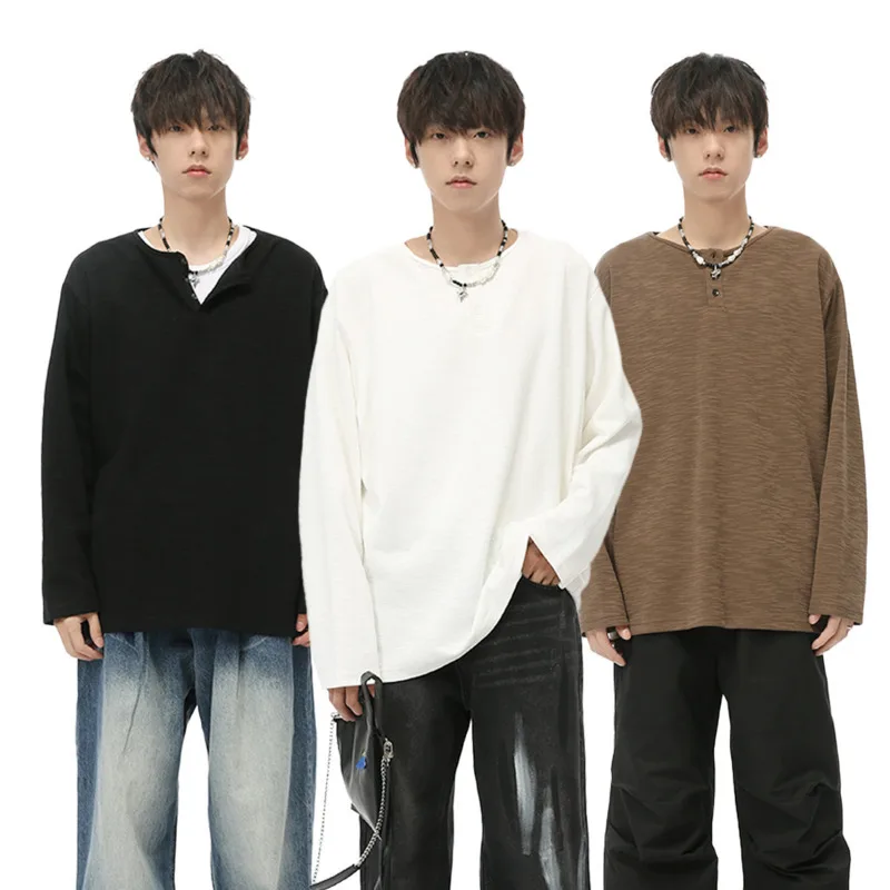 SYUHGFA Korean Style Simple Men's T-shirts Round Collar Casual Long Sleeve Male Tops Solid Color Tees 2024 Autumn Chic