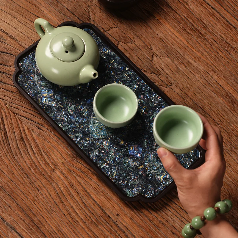 Natural Lacquer Electric Wood Mother of Pearl Rectangle Tea Tray Chinese Tea Set Accessories Bamboo Coaster Heat Insulation Mat