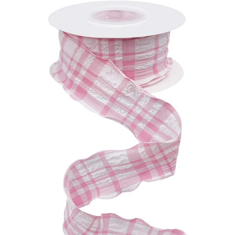 Pink Plaid Ribbon Checkered Ribbon Wired White Gingham Double Chiffon Ruffled Edge Polyester Fabric Ribbons Bulk making kit