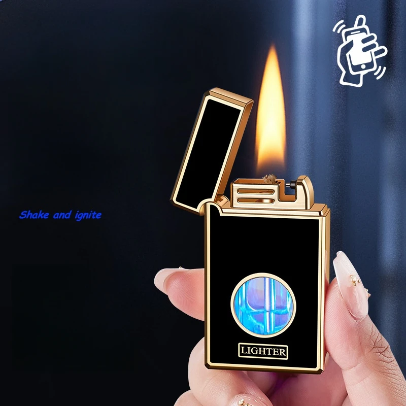 Metal Gravity Induction Shake Ignite Open Flame Kerosene Lighter Transparent Blue Light Oil Bin USB Charging Electric Lighters