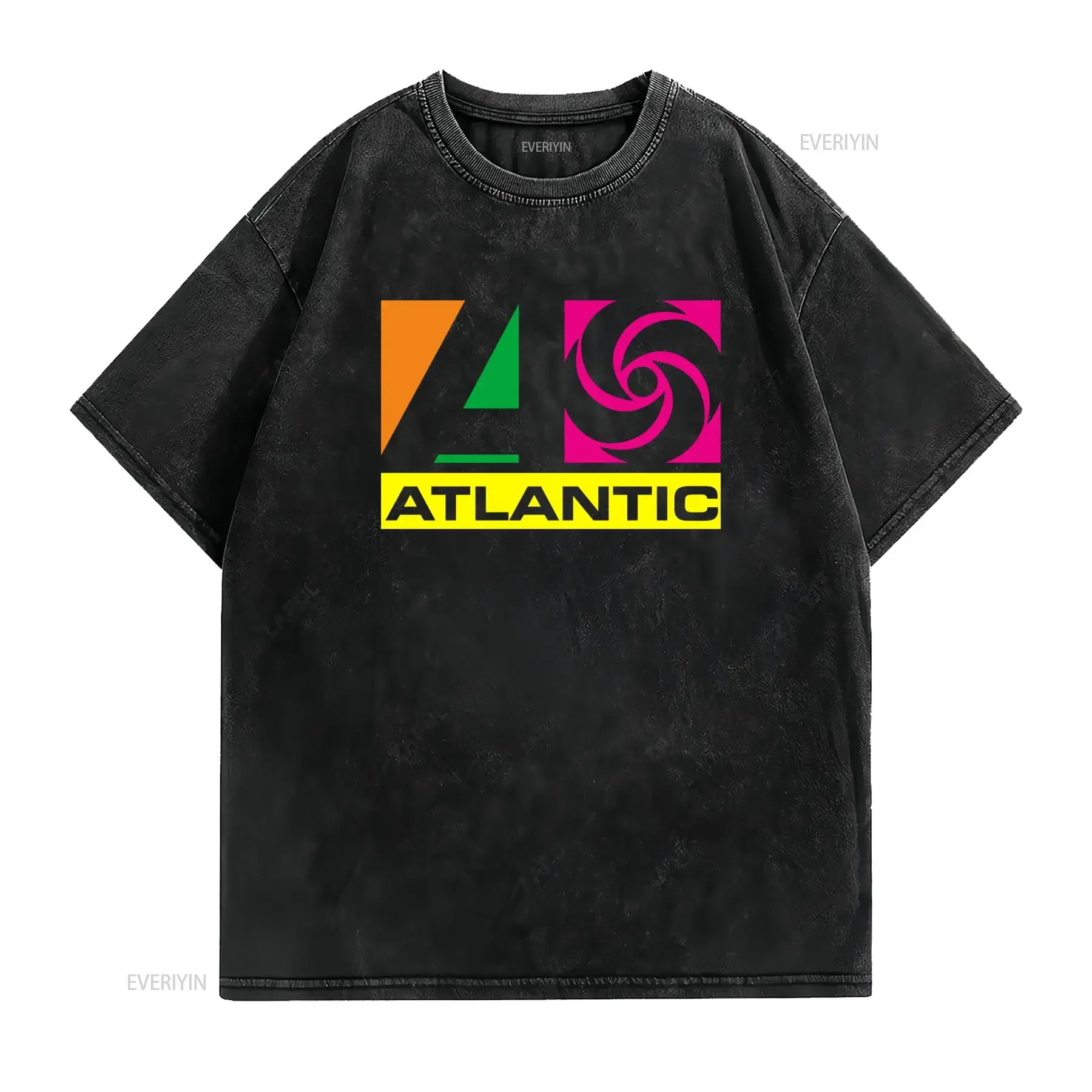 Retro 90s Bright Colorful Geometric Atlantic Letter Print Casual Streetwear T Shirt vintage Washed graphic Soft