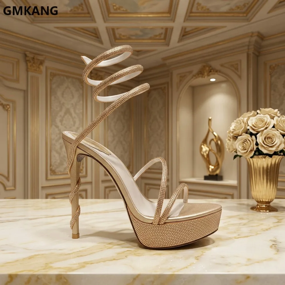 Summer High Heels Sandals Women Rhinestone Snake Wrap Ankle Strap Stiletto Crystal Platform Wedding Shoes