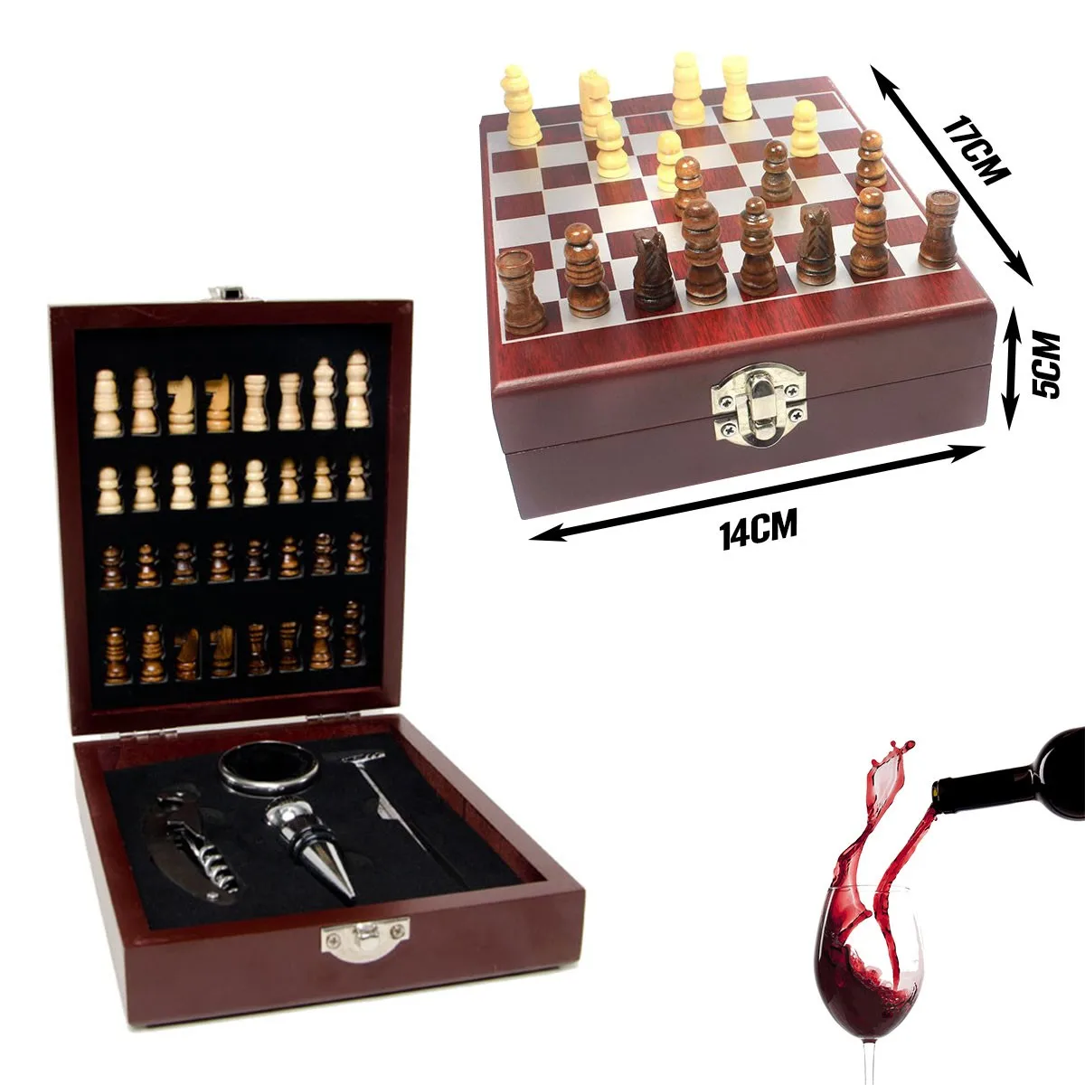 Kit Acessórios Vinho Com Jogo Xadrez 2 in 1 Estojo Tabuleiro Em Madeira Utensilios Vinho Presentes Criativos