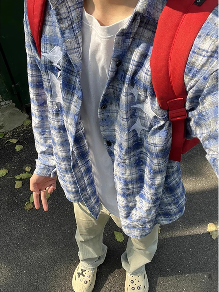 

Retro American Dyed Plaid Men's irt Advanced Feel Tassel Outer irt Cleanfit Trendy Brand Jaet Loose Fit Youth Faion