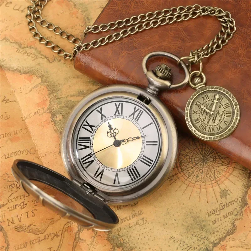 Reloj de Bolsillo de Bronce con Esfera de Números Romanos, Movimiento de Cuarzo para Hombre y Mujer, con Cadena, Diseño de Medio Cazador, Colgante, Brújula