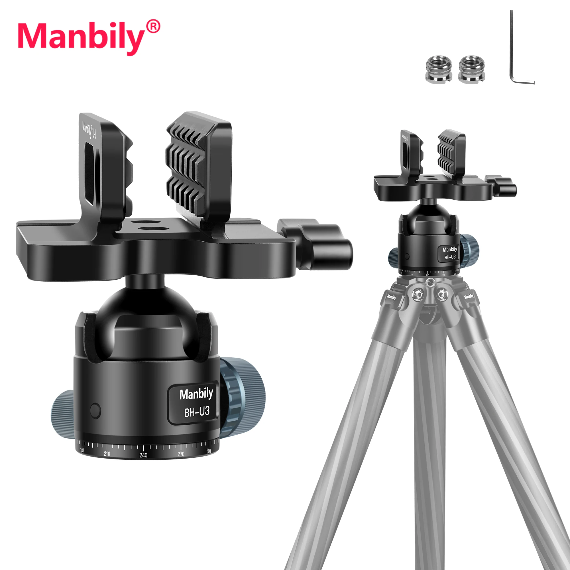 Manbily BH-U3 Aluminum Rifle Saddle Clamp Tripod Rest Mount for Hunting Ball Head Adapter with Arca Swiss