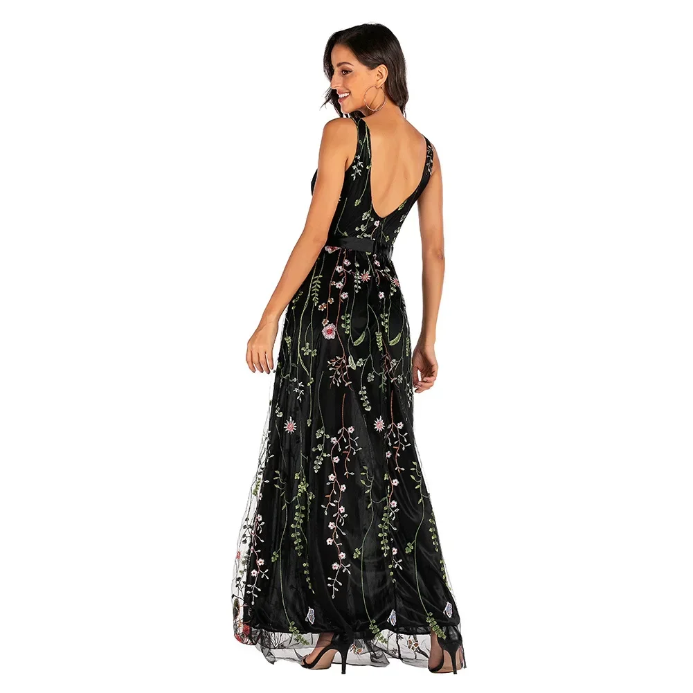 2025 Sexy Deep-V Sleeveless Embroidered Flower Backless Women Party Dresses Long Maxi Dress Mujer Vestido Plus Size 3XS-10XL