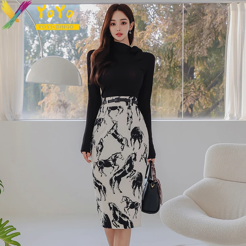 

Formal Set Black Turtleneck Long Sleeve Top + White Print Belt Skirt Autumn/Winter Slim Bodycon Office Lady Work 2 Pieces Set