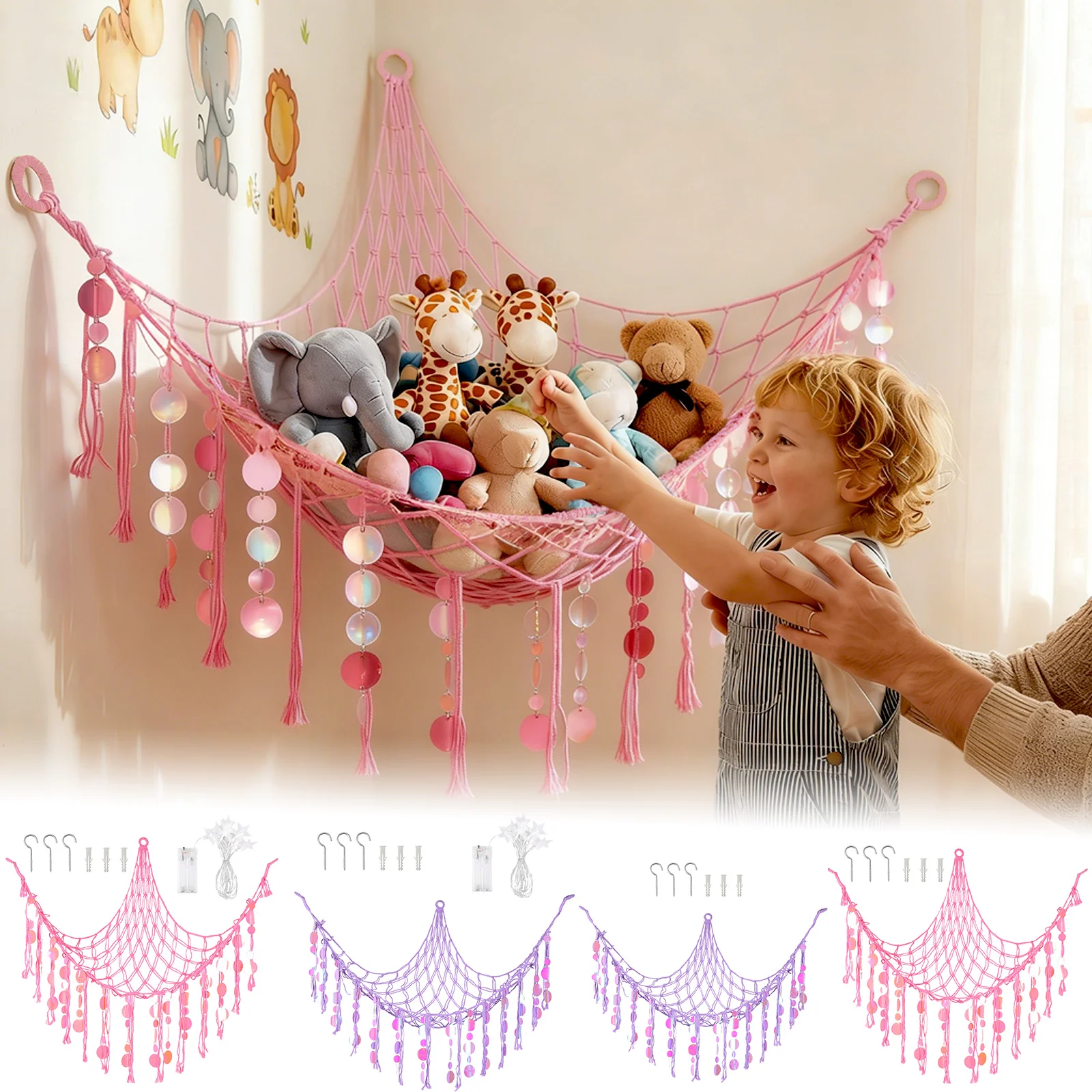 Boho Plush Toy Hammock Large-capacity Plush Animal Hammock Net with LED Lights Bedroom Corner Storage Toy Wall Room Decoration