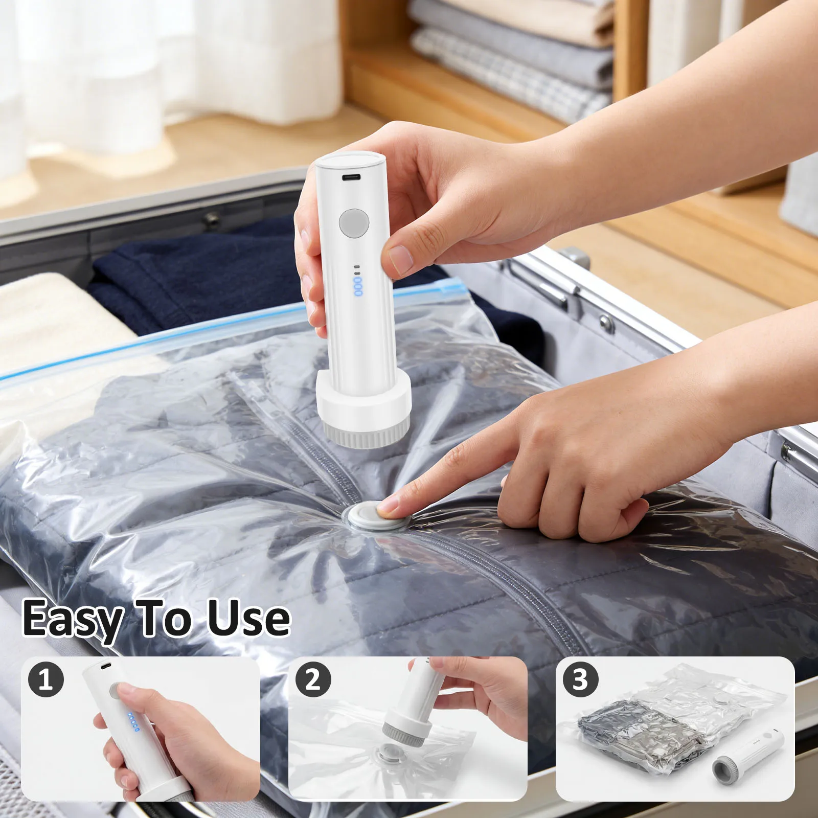 Electric Air Pump for Vacuum Seal Bag Travel Compression Packing Portable USB Rechargeable Space Saver for Clothing Organizer - view 3