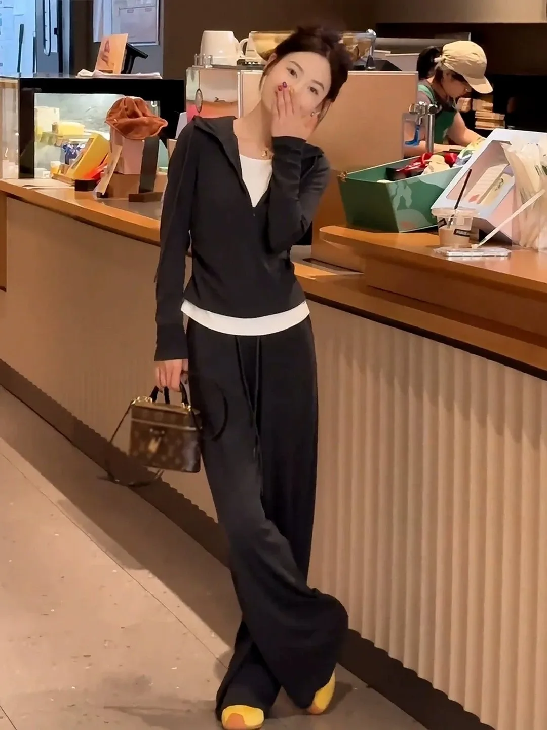 Gray Hoodie Sweatshirt Wide Leg Pants Two Piece Set Women's Autumn Winter Fashion Casual Sporty Outfit Complete Ensemble